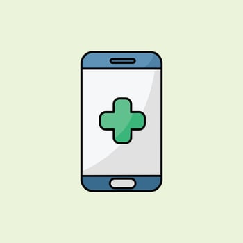 Illustration of a smartphone with a green medical icon on the screen. It symbolizes digital healthcare services, medical apps, online consultations, and modern telemedicine technology. vector
