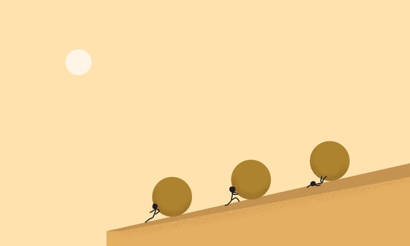 Minimalist Illustration of People Pushing a Large Spheres Uphill in Their Own Ways. Depicting Ambition, Determination, Persistence and Strategy vector