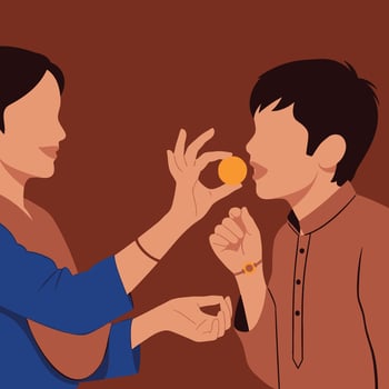A sister lovingly feeds a sweet to her brother, a traditional and sweet gesture during the festival of Raksha Bandhan. vector