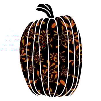 Large black pumpkin with elegant orange plant ornament. Flat illustration perfect for autumn, harvest, Thanksgiving, and Halloween seasonal design. vector