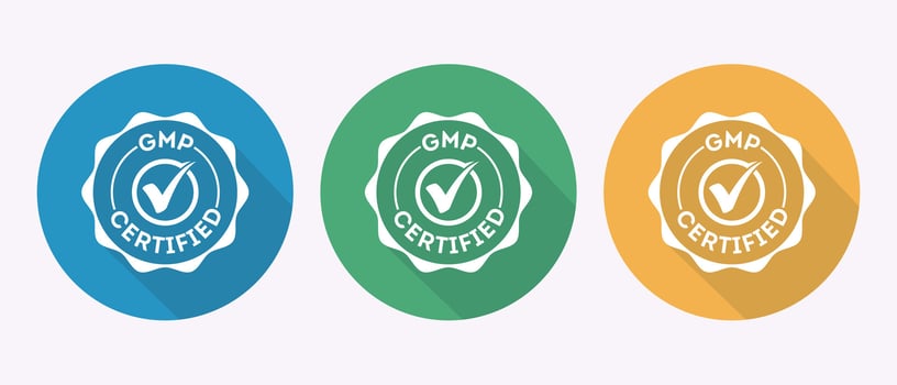GMP Certified Icons in Blue Green and Yellow Colors Quality Manufacturing Assurance Badges vector
