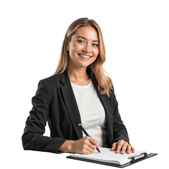 A woman in a business suit is sitting at a desk with a pen png