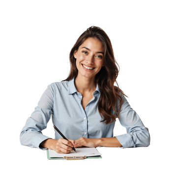 A woman sitting at a desk with a pen and notebook png