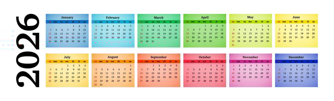 Horizontal calendar for 2026 isolated on a white background. Sunday to Monday, modern business template. illustration vector