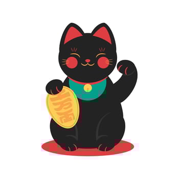 Black maneki neko beckoning cat with raised paw flat icon. illustration of Japanese cartoon lucky cat. Wealth and talisman vector