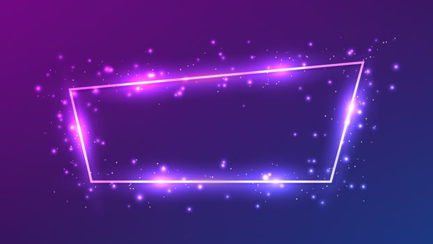 Neon trapezoid frame with shining effects and sparkles on dark purple background. Empty glowing techno backdrop. illustration vector
