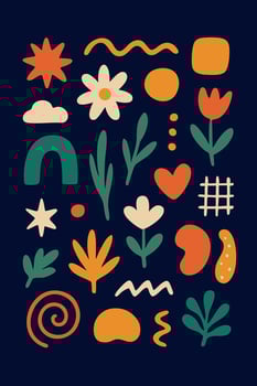 Abstract Floral and Organic Shapes Hand Drawn Colorful Pack on Dark Teal Background vector