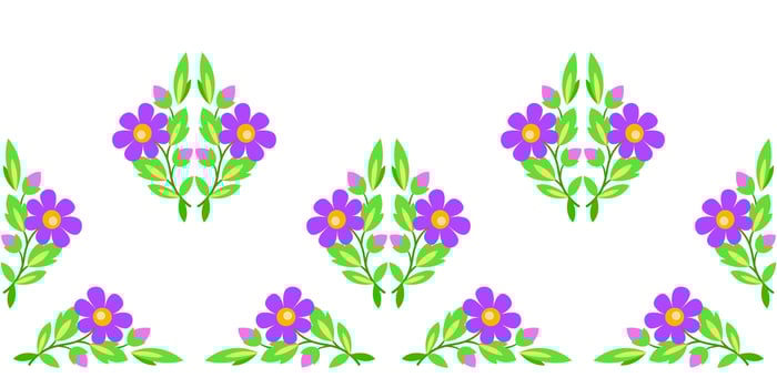 Set of floral design elements. Cute seamless border of flowers in country style. Rich positive plant ornament. Ornamental decor of purple flowers and green leaves on white background vector