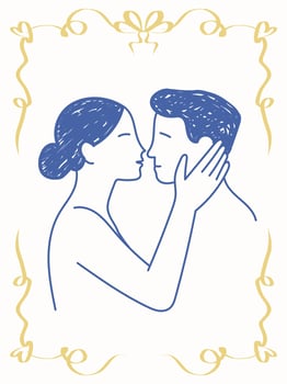 Romantic Couple Wedding Ceremony Kiss. People Doodle Character Illustration. Honeymoon Travel Vacation Agency Flyer Design. Valentine Day Greeting Card Decoration Element. Vintage Poster Lace Frame vector