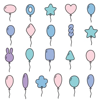 illustration of various colorful balloons in different shapes including heart, star, and rabbit, arranged in rows on a plain white background vector