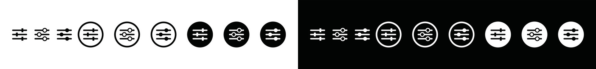Equalizer icons set. Contains music volume, audio, sound bars control, stereo settings technology vector