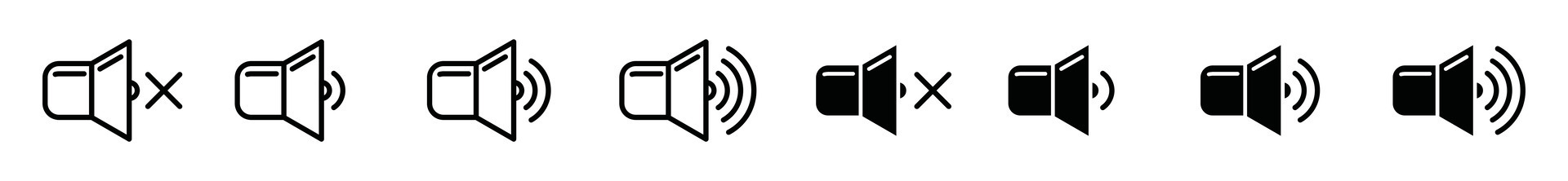 Speaker icons set. Contains music audio button, sound volume, loud, megaphone, media player voice, loudspeaker, stereo control settings vector