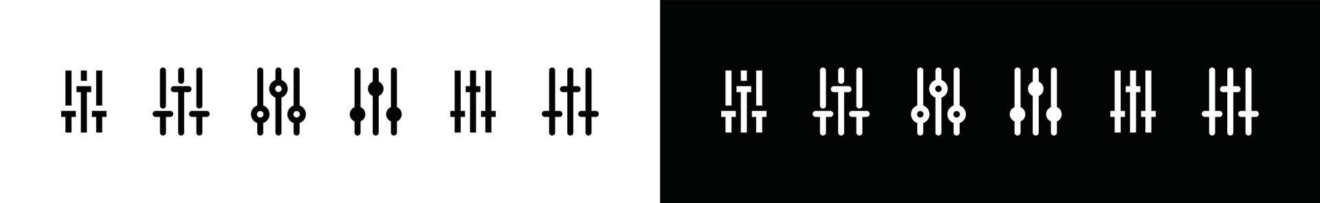 Equalizer icons set. Contains music audio, sound bars control, stereo settings, soundwave digital technology vector