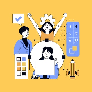Graphic web design concept for modern website design. People creating wireframe layouts, coding on platform, drawing content elements, working with project colours and settings. illustration. vector