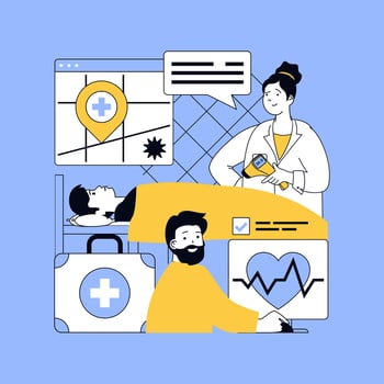 Healthcare and medical concept for modern web design. People working in hospital, hospitalization patients to ward, doctors doing first aid, nurse helping and making analysis. illustration. vector