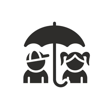 protection of children's rights icon, child insurance, boy with girl under an umbrella, flat symbol on white background - illustration vector