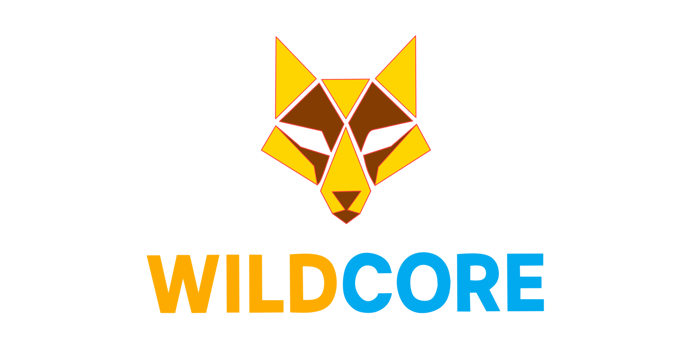geometric fox logo design, ideal for branding, tech, or gaming. Features a stylized WILDCORE png