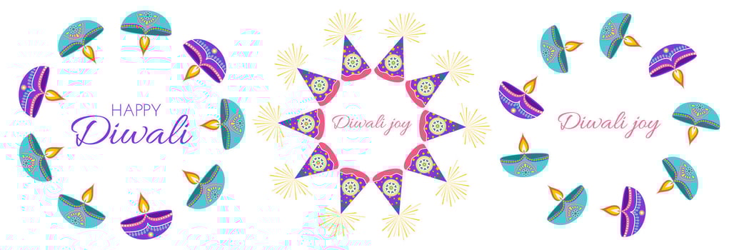 Diwali festival frames set including diyas and fireworks in flat style. Deepavali illustration for digital and print projects vector