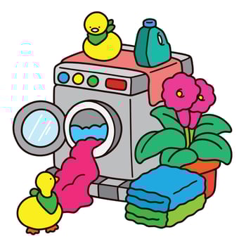 Cartoon washing machine with ducks and flowers vector