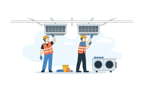 HVAC Technicians Inspecting and Maintaining Ventilation System Professional Contractors Ensuring Air Quality and System Efficiency in Commercial Building, Wearing Hard Hats and Safety Gear vector