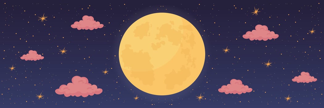 Starry night sky with full moon and clouds illustration. vector