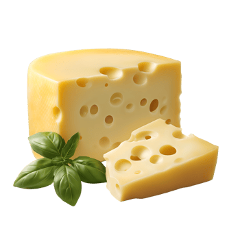Block of Swiss cheese with holes and fresh basil isolated on transparent background, realistic yellow dairy product wedge for food, cooking and packaging design png
