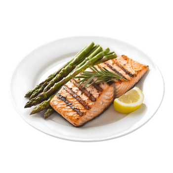 Grilled salmon fillet with asparagus and lemon slice on white plate isolated on transparent background png