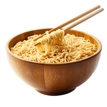 Cooked instant noodles in wooden bowl with chopsticks lifting portion, Asian food isolated on transparent background png