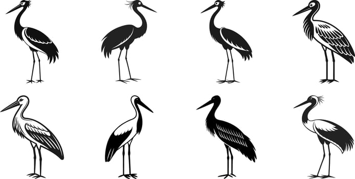 Art of set of eight stork silhouettes in various poses, perfect for naturethemed designs or adding a touch of elegance to your work vector