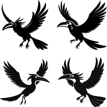 Art of collection of toucan silhouettes, showcasing various poses and wing positions, perfect for tropicalthemed designs and artistic projects vector