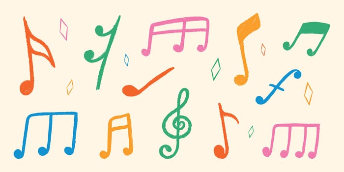 Musical Note set. Hand drawn crayon texture. Doodle music Icons. vector