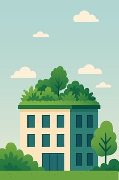 Eco friendly building with green roof garden and trees in flat illustration vector