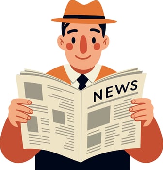 Man wearing hat reading newspaper in casual clothing illustration with simple style and warm color palette vector