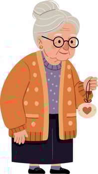Elderly woman holding heart ornament wearing orange cardigan and glasses illustration vector