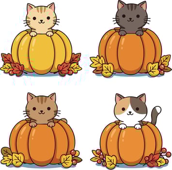 Cute cats sitting inside orange pumpkins with colorful autumn leaves illustration for fall and Halloween design vector