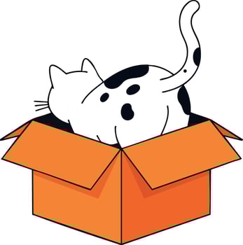 Cat playing inside orange box with black spots on white fur in minimal style illustration vector