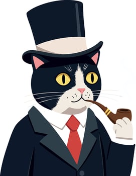 Cat with top hat and smoking pipe dressed in formal suit and red tie illustration vector