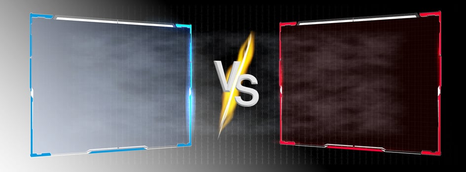 A vibrant setup presents two contrasting backgrounds, one blue and one red, while a pronounced central clash symbol emphasizes competition, creativity, and excitement in the atmosphere vector