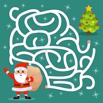 Help Santa Claus find path to christmas tree. Labyrinth. Maze game for kids vector