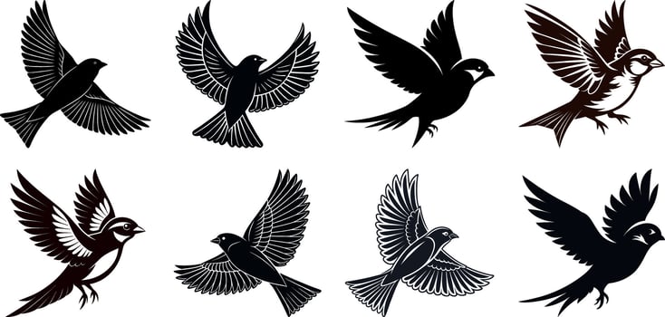 Art of collection of flying birds silhouettes, featuring various poses and wing positions, perfect for naturethemed designs and artistic projects vector