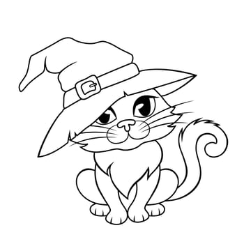 Halloween cat in a witch hat. Black and white illustration for coloring book vector