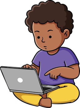 Child sitting cross-legged using laptop focused on screen digital technology education learning illustration vector