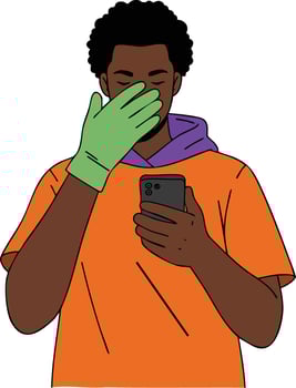 Man in orange shirt wearing green glove covering face while looking at smartphone illustration vector