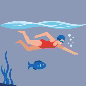 Swimmer in red swimsuit underwater swimming with blue fish and seaweed illustration vector