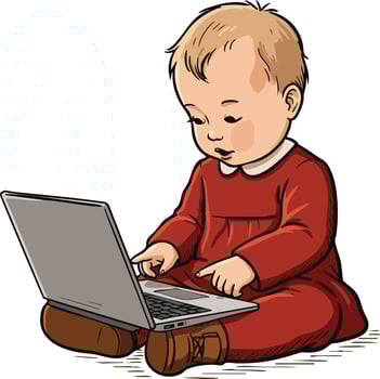 Baby sitting with laptop in red pajamas using computer technology for learning and play activities indoors vector