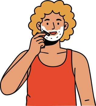 Man shaving with razor and shaving cream in orange tank top personal grooming illustration vector