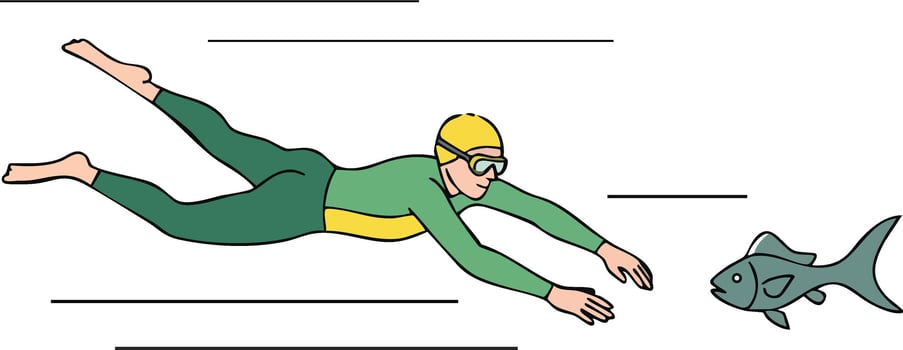 Athlete swimming underwater chasing fish in green and yellow swimsuit with goggles and swim cap illustration vector