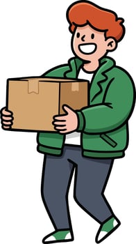 Young man carrying cardboard box smiling in casual green jacket and sneakers illustration vector