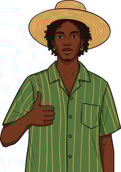 Man in green striped shirt and straw hat giving thumbs up gesture in casual style illustration vector
