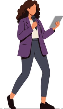 Woman Speaking into Microphone Holding Tablet Digital Presentation Illustration in Professional Attire vector